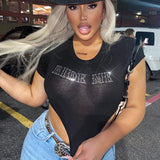 Women T-shirt Summer round Neck Short Sleeves Short Letters Bare Midriff Slim Fit T-shirt