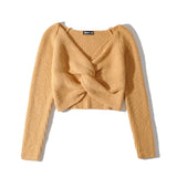 Women Sweater Knitwear Midriff-Baring Top V-neck Cross Kinked Long Sleeve Knitted Sweater