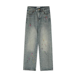 Men Jeans Embroidered Washed Loose Straight Jeans Casual Hip Hop Trousers