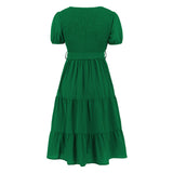 Women Date Dress V-neck Pleated Lace-up Dress