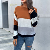 Women Knitted Sweater round Neck Long Sleeve Color Matching Sweater for Women Autumn and Winter