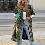 Women Trench Coat Autumn Long Sleeve Turn-down Collar Coat Printed Woolen Long-Cut Coat