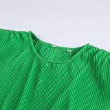 Women Dress Spring Green Pleated Dress round Neck Dress