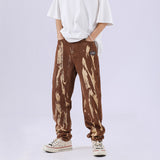 Men Jeans Washed Distressed Baggy Straight Trousers Tie-Dye Gradient Denim Trousers