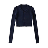 Women Sweater Knitwear Autumn and Winter round Neck Vertical Stripes Knitted Short Top Zipper Sweater