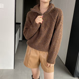 Women Winter Knitted Sweater Zipper and Lapel Sweater Loose Casual Women's Clothing 1t816