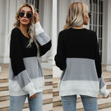 Women Knitted Sweater Autumn and Winter Loose Color-Block Crew Neck Pullover Sweater