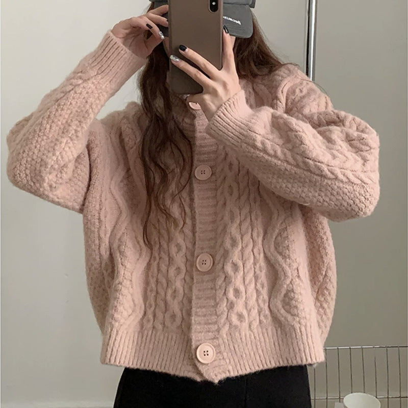 Women Knitwear Autumn Winter Retro Crew Neck Sweater Loose Knitted Cardigan