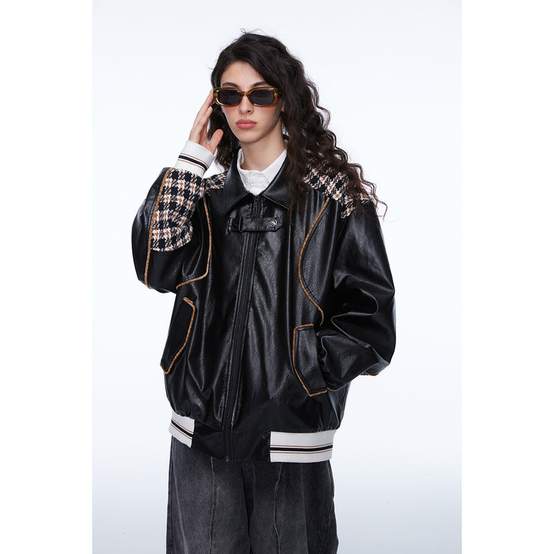 Unisex Jacket Retro Patchwork Plaid Motorcycle Jacket PU Leather Jacket
