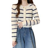 Women Knitwear Autumn Winter Retro Striped Sweaters Cardigan