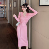 Women Maxi Dress Autumn V-neck Button Slim Fit Hip-Wrapped Sweater Dress