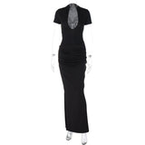 Women Dresses Spring Sexy Deep V Short Sleeve and Long Pattern Dress