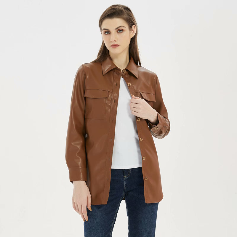Women Leather Jacket Leather Jacket Coat Women's Fall Lapels Single-Breasted Mid-Length Pu Leather Belt Shirt
