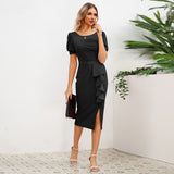 Women Date Dress round Neck Pleated Lace Dress