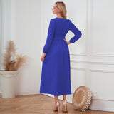 Women Date Dress Single-Breasted Cardigan Skirt V-neck Bubble Long Sleeve Dress
