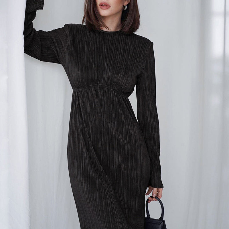 Women Dress Spring round Neck Pleated Long Sleeve Dress Sheath Dress