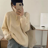 Women Knitted Pullover Autumn Zipper and Lapel Sweater Loose Long Sleeve Knitwear Top