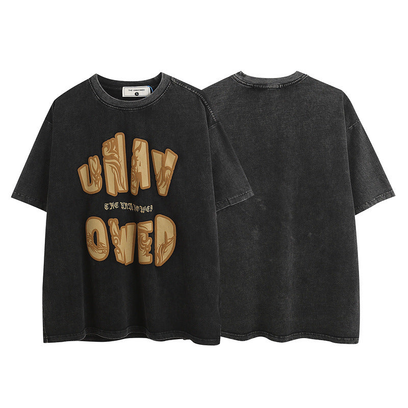 Men T Shirt Vintage Foam Printed Letters Casual Short Sleeve T-shirt