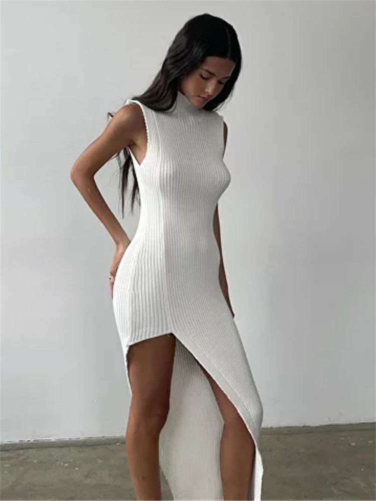 Ladies Leisure Knitwear Turtleneck Sleeveless Knitted Midi Dress Sheath Split Sexy Dress