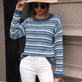 Women Knitted Sweater Amazon Independent Station Foreign Trade Wholesale 2023 Autumn New Cross-Border Fashion Women's Wear Long Sleeve Striped European and American Sweater