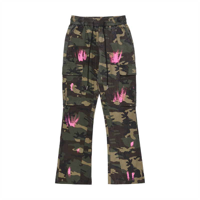 Men Sweatpants Paint Splash Slightly Flared Camouflage Workwear Trousers Multi-Pocket Wide-Leg Pants