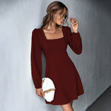 Women Dress Square Collar Long Sleeve Dress