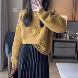 Women Knitted Pullover Hand Embroidery Flower Sweater