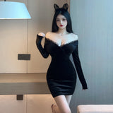 Women Maxi Dress Autumn Winter Sexy Deep V Lace Pleuche Long Sleeve Sheath Dress