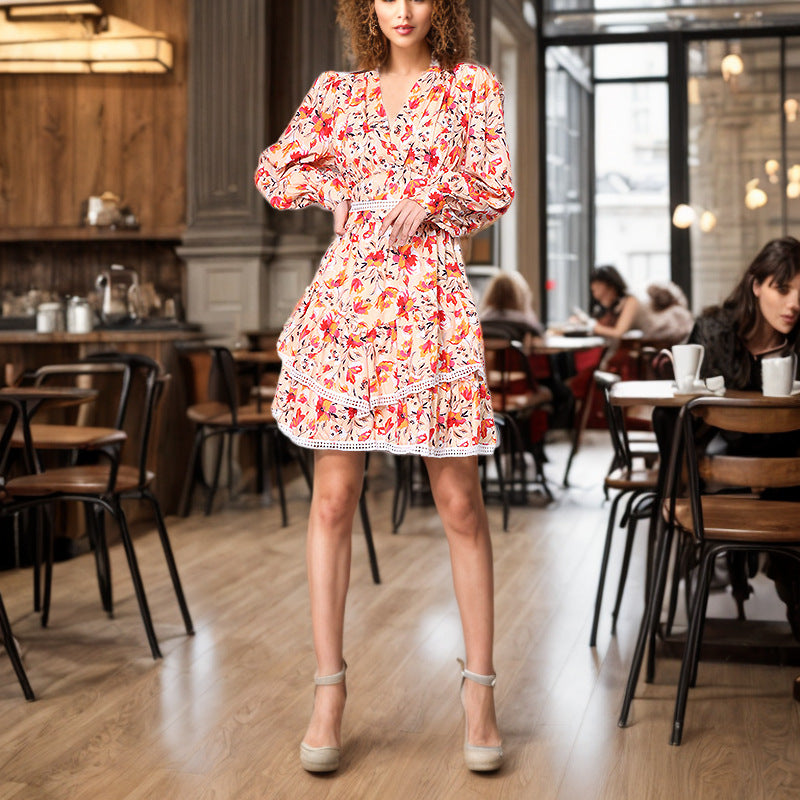 Women Dresses V-neck Long Sleeve Short Dress (Qymy0409)
