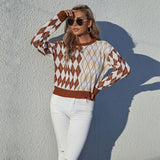 Women Knitted Sweater Autumn Leisure Long Sleeve Rhombus Sweater Loose round Neck