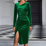 Women Dress Autumn and Winter Long Sleeve V-neck Velvet Dress Dress