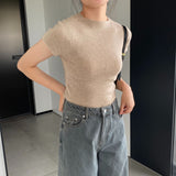 Women Knitted T-shirt round Neck Short Sleeve T-shirt Slim Fit Sweater