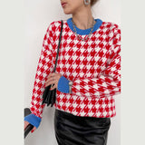 Ladies Leisure Knitwear Plaid Crew Neck Sweater Long Sleeve Top Plaid Sweater