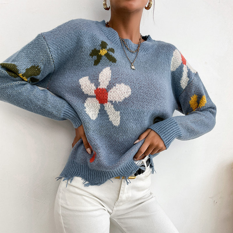 Women Knitted Sweater Crew Neck Knitted Blue Hedging Flowers Brocade Sweater