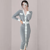 Women Maxi Dress Autumn and Winter V-neck Slim Houndstooth Knitted Dress