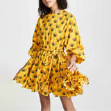 Women Dresses Casual Color Printed round Neck Loose Lantern Sleeve Short Dress (Qymy0409)