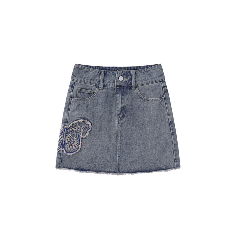 Women Skirt Patch Butterfly Embroidered Denim Skirt