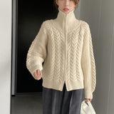 Women Cardigan Sweater Coat Long Sleeve Loose Zip Turn-down Collar Coat L1216