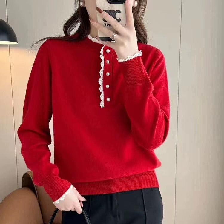 Women Knitwear Spring and Autumn round Neck Lace Knitted Sweater Loose Sweater
