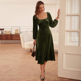 Women Dress Autumn Winter Retro Slim Fit Square Collar Long Sleeve Velvet Dress