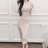 Women Dresses Split round-Neck Dress Sexy Hip Skirt