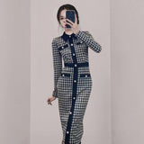 Women Maxi Dress Autumn and Winter Long Sleeve Plaid Knitted Dress