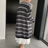 Women Cardigan Sweater Striped Sweater Autumn and Winter Loose-Fitting Long Sleeve Sweater W2361