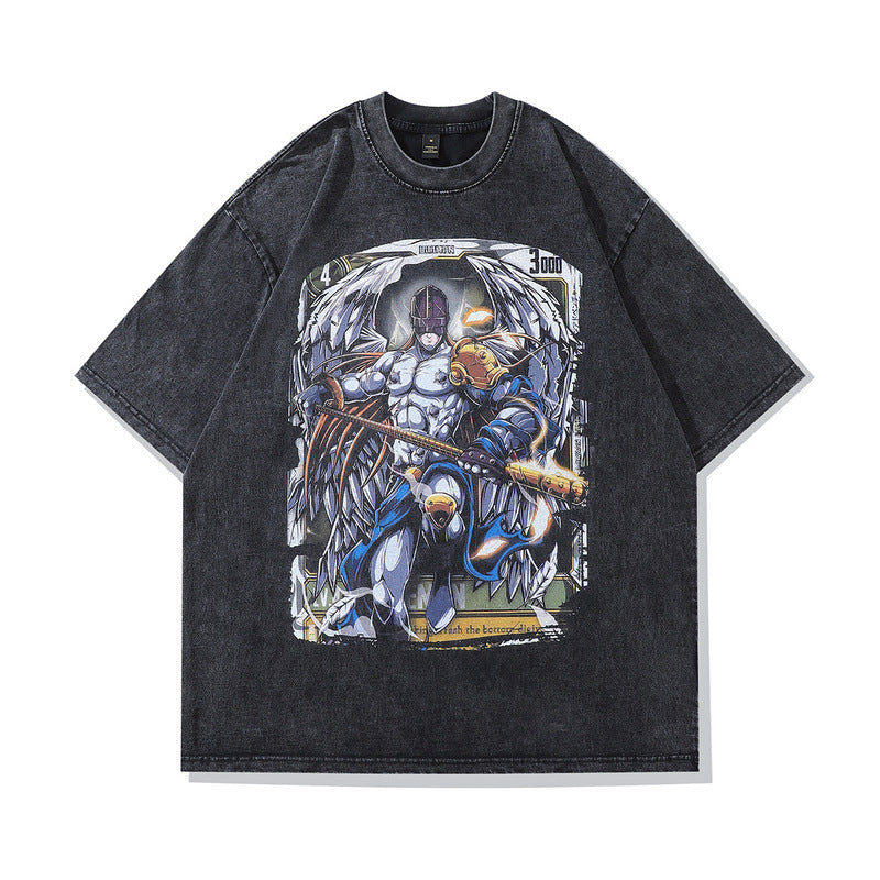 Men T Shirt Cartoon Anime Print Distressed Short Sleeve T-shirt