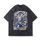 Men T Shirt Cartoon Distressed Short Sleeve T-shirt Vintage Washed Oversize Half Sleeve T-shirt