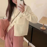 Women Knitwear Autumn Winter Retro Crew Neck Sweater Slim-Fit Knitted Cardigan