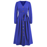 Women Date Dress Single-Breasted Cardigan Skirt V-neck Bubble Long Sleeve Dress