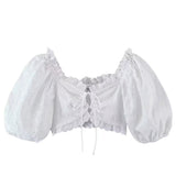 Women Tops Summer Puff Sleeve Sexy Lace Top Shirt