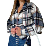 Women Trench Coat Plaid Shirt Short Coat Autumn and Winter Plaid Shirt
