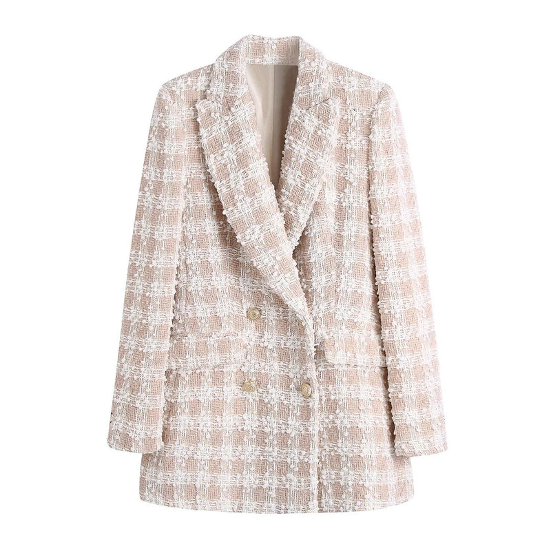 Women Suits Pink Texture Plaid Suit Autumn Double Breasted Mid-Length Casual Suit Jacket